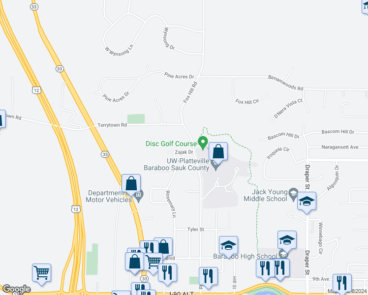 map of restaurants, bars, coffee shops, grocery stores, and more near 1101/1103 Connie Road in Baraboo