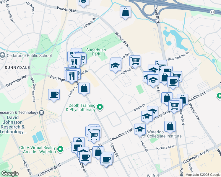 map of restaurants, bars, coffee shops, grocery stores, and more near 419 Hazel Street in Waterloo