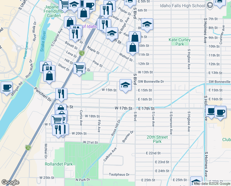map of restaurants, bars, coffee shops, grocery stores, and more near 215 West 16th Street in Idaho Falls