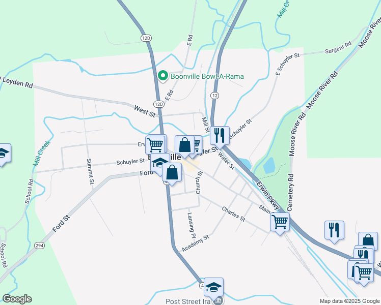 map of restaurants, bars, coffee shops, grocery stores, and more near 106 Schuyler Street in Boonville