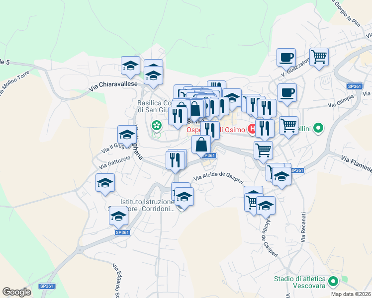 map of restaurants, bars, coffee shops, grocery stores, and more near 30 Via Pietà in Osimo