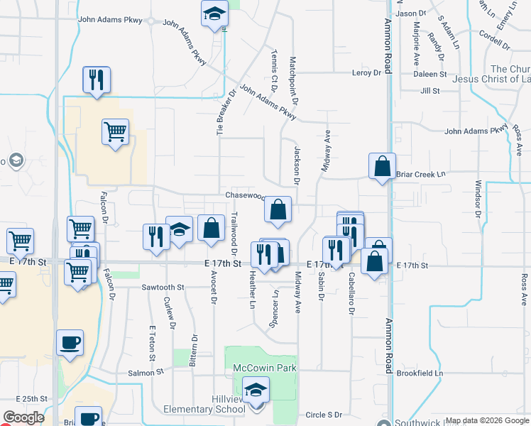 map of restaurants, bars, coffee shops, grocery stores, and more near 3101 East 17th Street in Ammon
