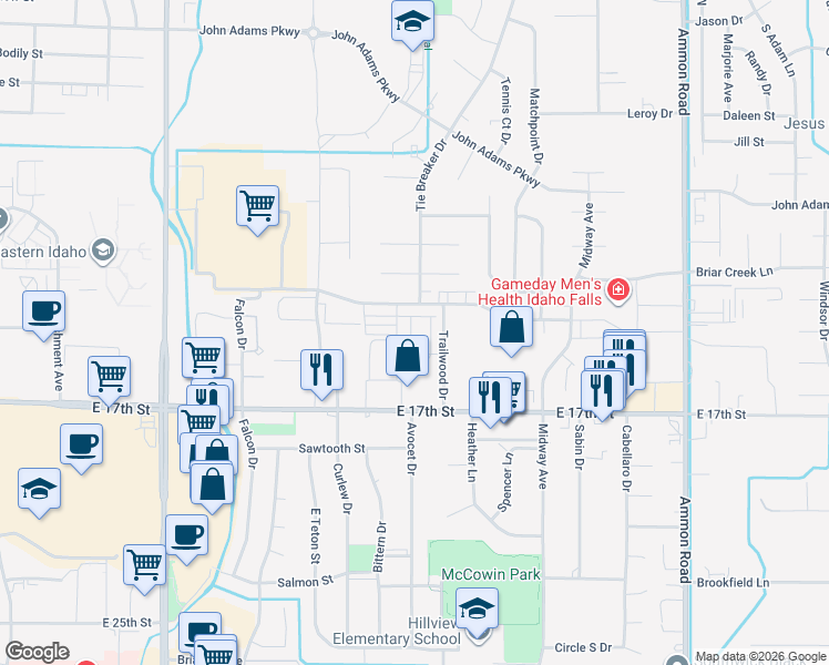 map of restaurants, bars, coffee shops, grocery stores, and more near 2890 Woodbridge Circle in Idaho Falls