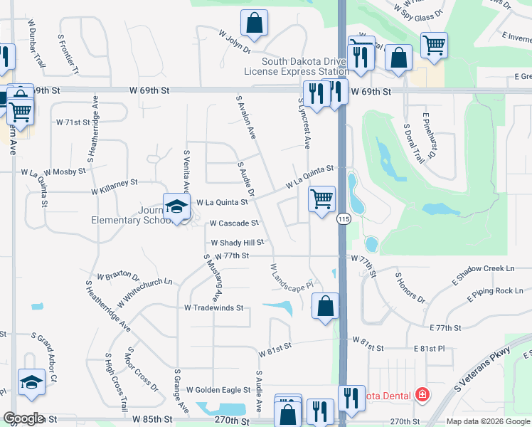 map of restaurants, bars, coffee shops, grocery stores, and more near 6704 South Audie Drive in Sioux Falls