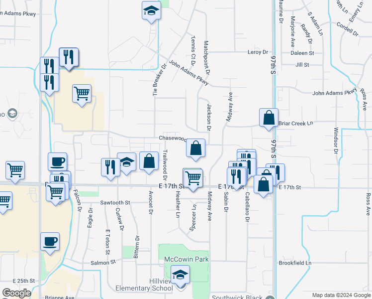 map of restaurants, bars, coffee shops, grocery stores, and more near 3134 Chasewood Drive in Ammon