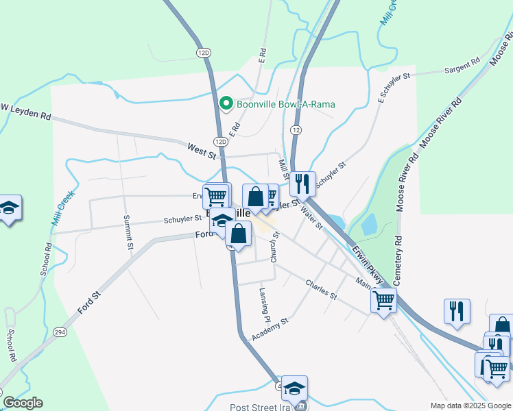 map of restaurants, bars, coffee shops, grocery stores, and more near 106 Schuyler Street in Boonville