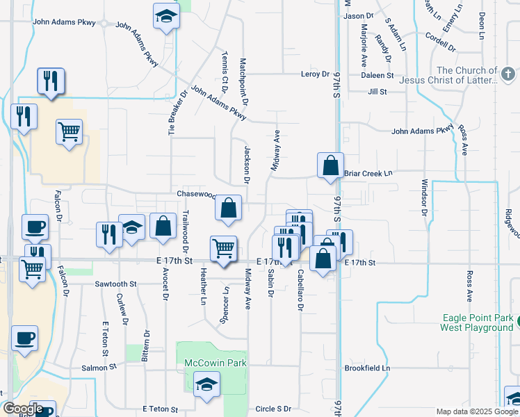 map of restaurants, bars, coffee shops, grocery stores, and more near 1350 Midway Avenue in Ammon