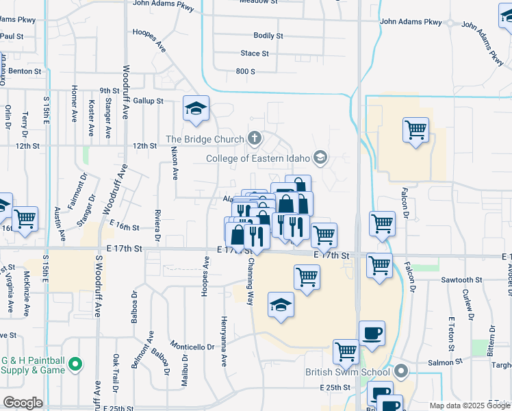 map of restaurants, bars, coffee shops, grocery stores, and more near 2105 Alan Street in Idaho Falls