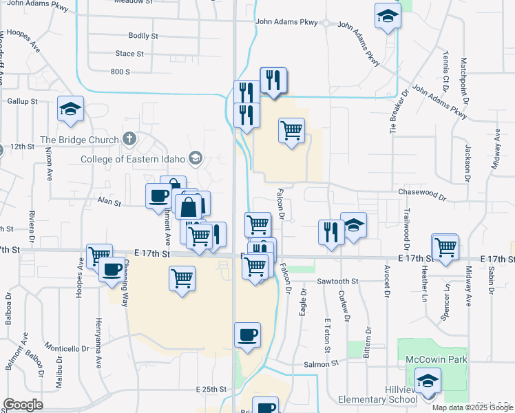 map of restaurants, bars, coffee shops, grocery stores, and more near 1456 Falcon Drive in Ammon