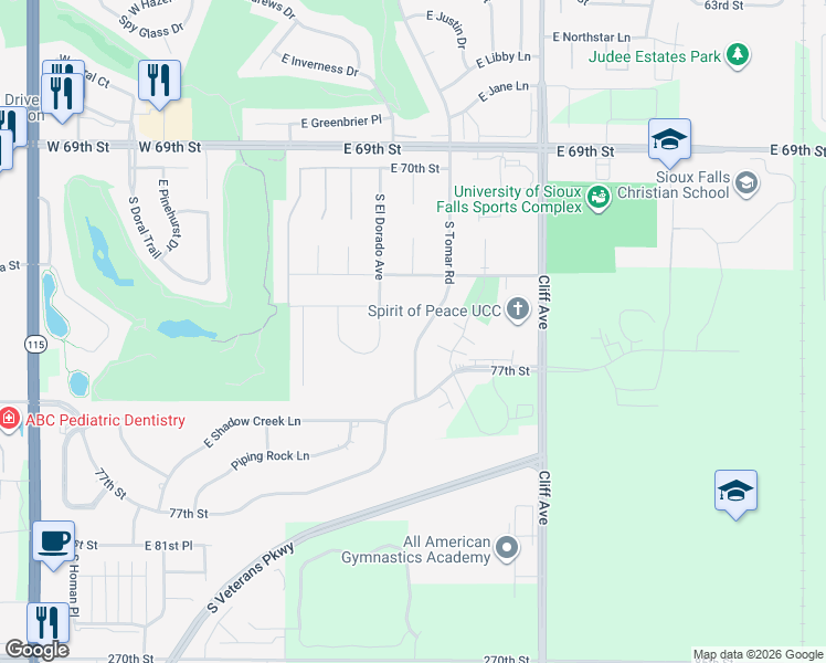 map of restaurants, bars, coffee shops, grocery stores, and more near 815 East El Dorado Circle in Sioux Falls