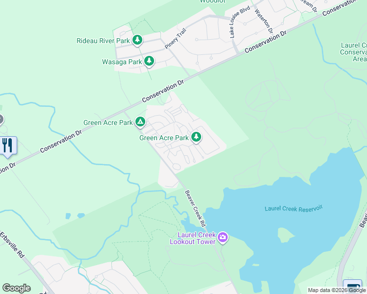 map of restaurants, bars, coffee shops, grocery stores, and more near 266 Green Acre Park Lane in Waterloo