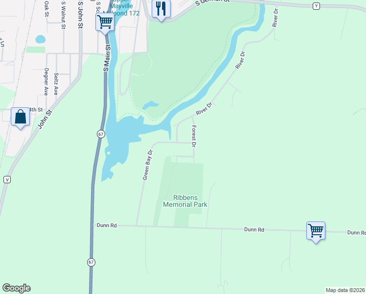 map of restaurants, bars, coffee shops, grocery stores, and more near 725 Forest Drive in Mayville
