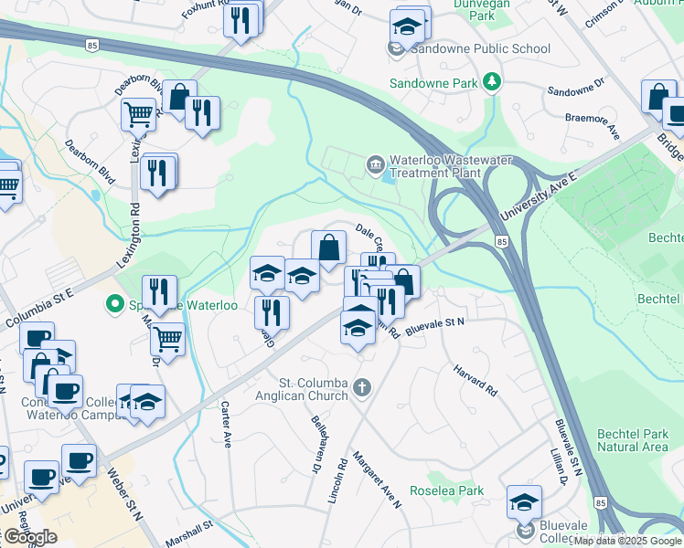 map of restaurants, bars, coffee shops, grocery stores, and more near 290 Dale Crescent in Waterloo