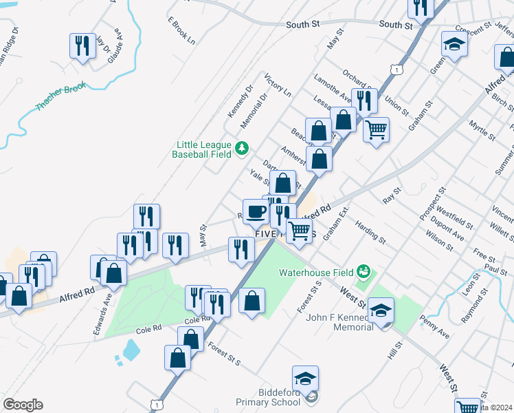 map of restaurants, bars, coffee shops, grocery stores, and more near 14 Round Hill Street in Biddeford