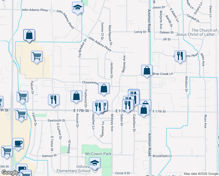 map of restaurants, bars, coffee shops, grocery stores, and more near 1288 Ashland Drive in Ammon