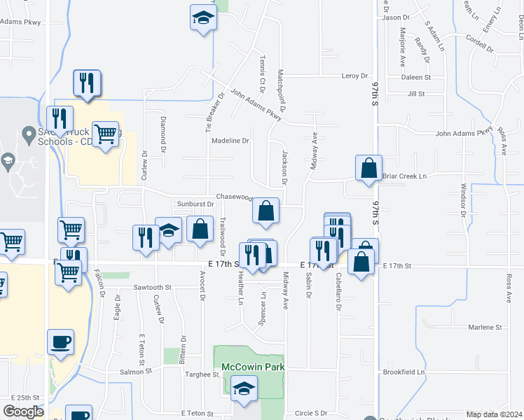 map of restaurants, bars, coffee shops, grocery stores, and more near 3156 Chasewood Drive in Ammon