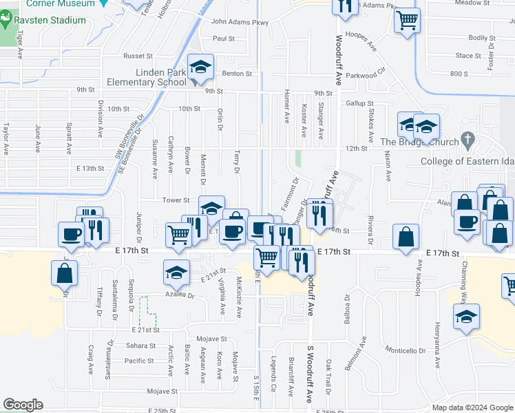 map of restaurants, bars, coffee shops, grocery stores, and more near 1418 Austin Ave in Idaho Falls