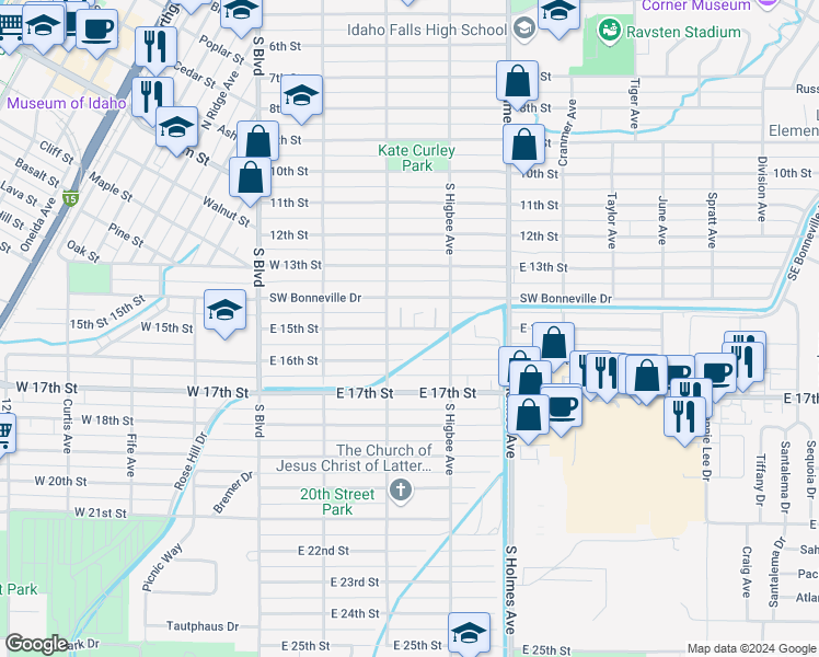 map of restaurants, bars, coffee shops, grocery stores, and more near 350 East 14th Street in Idaho Falls