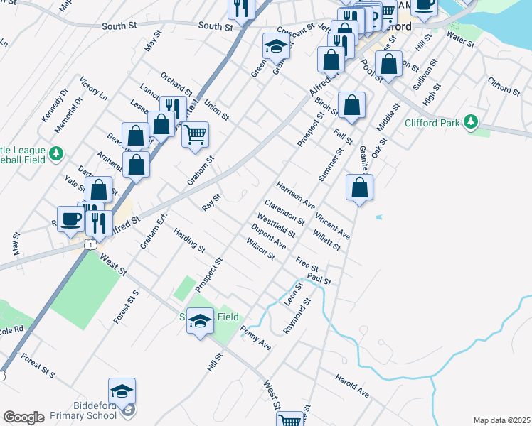 map of restaurants, bars, coffee shops, grocery stores, and more near 103 Prospect Street in Biddeford