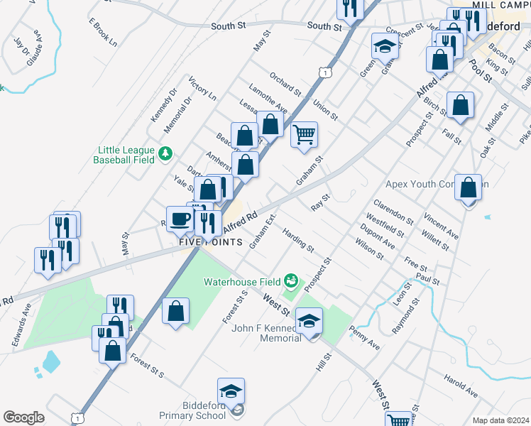 map of restaurants, bars, coffee shops, grocery stores, and more near 294 Alfred Street in Biddeford