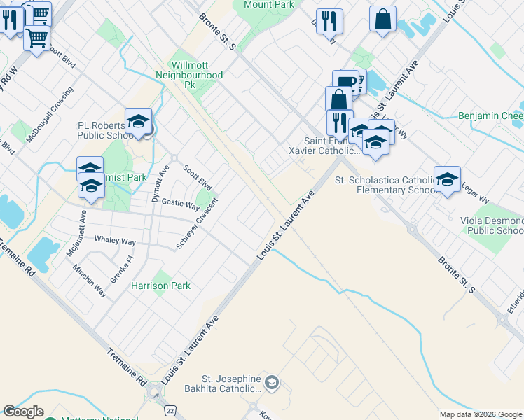 map of restaurants, bars, coffee shops, grocery stores, and more near 221 Slingsby Landing in Milton