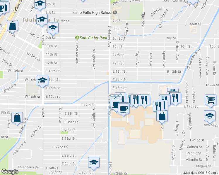 map of restaurants, bars, coffee shops, grocery stores, and more near 1498 South Holmes Avenue in Idaho Falls