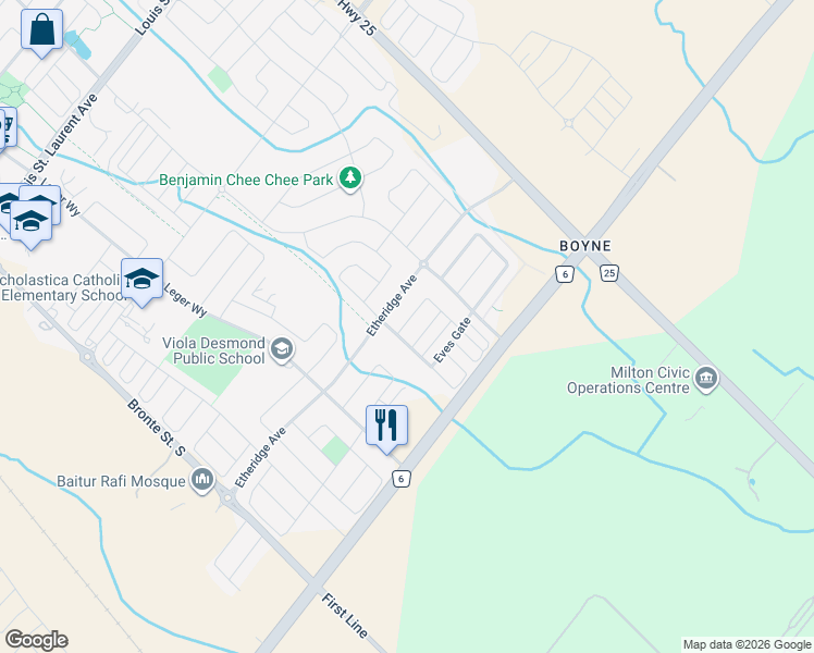 map of restaurants, bars, coffee shops, grocery stores, and more near 268 Gooding Crescent in Milton