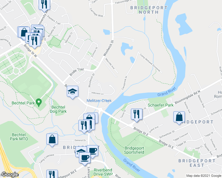 map of restaurants, bars, coffee shops, grocery stores, and more near 47 Hillcrest Lane in Kitchener