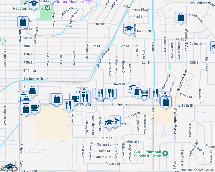 map of restaurants, bars, coffee shops, grocery stores, and more near 1244 Tower Street in Idaho Falls