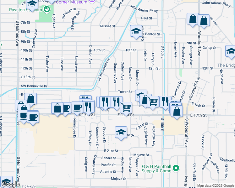 map of restaurants, bars, coffee shops, grocery stores, and more near 1380 Cathryn Avenue in Idaho Falls