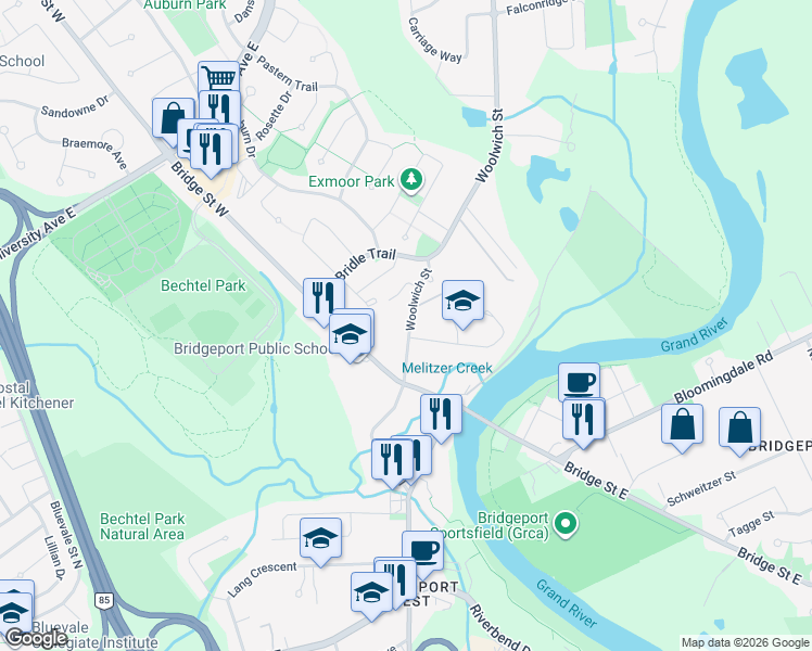 map of restaurants, bars, coffee shops, grocery stores, and more near 74 Woolwich Street in Kitchener
