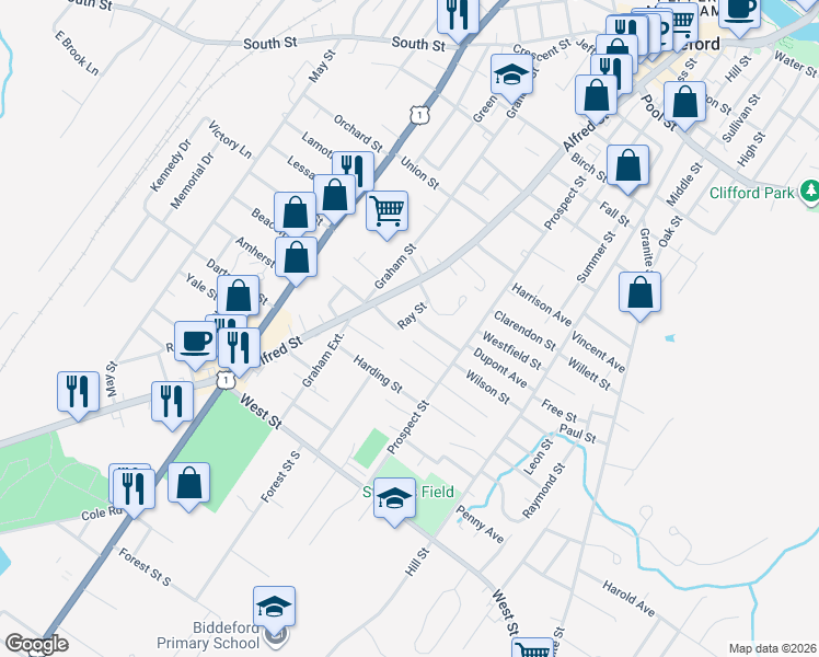 map of restaurants, bars, coffee shops, grocery stores, and more near 16 Ray Street in Biddeford