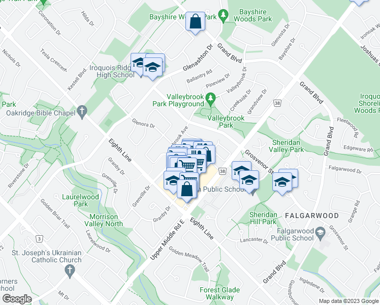 map of restaurants, bars, coffee shops, grocery stores, and more near 2046 Glenada Crescent in Oakville