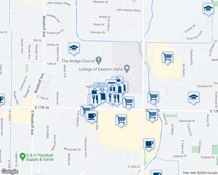 map of restaurants, bars, coffee shops, grocery stores, and more near 1390 Elizabeth Cirlcle in Idaho Falls