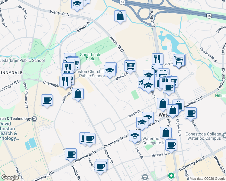 map of restaurants, bars, coffee shops, grocery stores, and more near 412 Milford Avenue in Waterloo