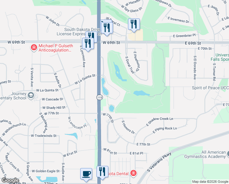 map of restaurants, bars, coffee shops, grocery stores, and more near 307 W La Quinta Cir in Sioux Falls