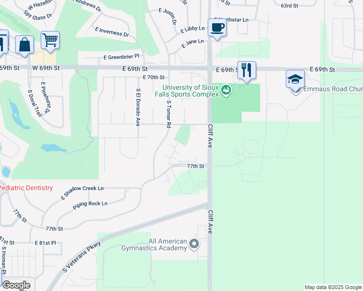 map of restaurants, bars, coffee shops, grocery stores, and more near 1106 East Carra Place in Sioux Falls