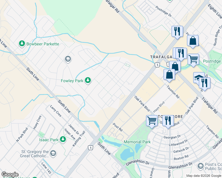 map of restaurants, bars, coffee shops, grocery stores, and more near Orchardcroft Road in Oakville