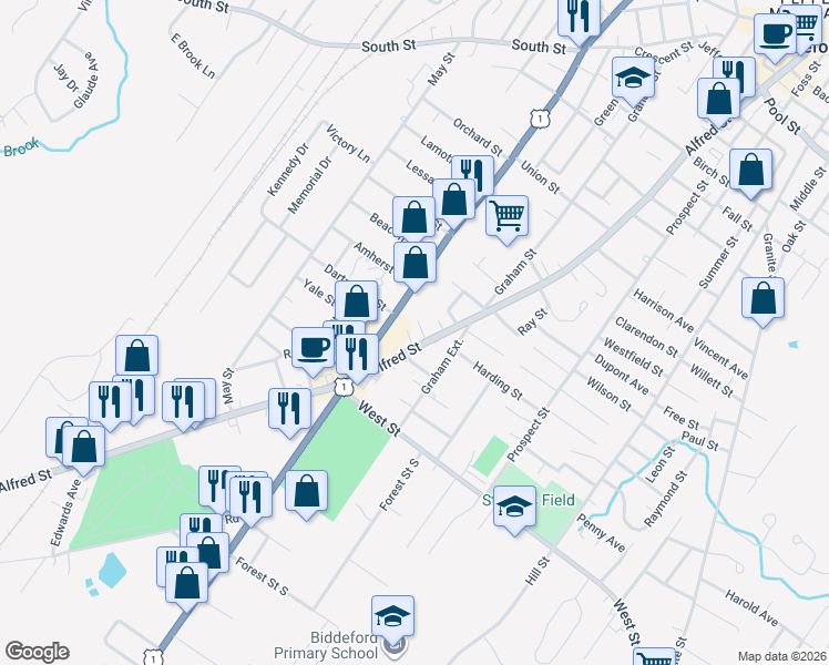 map of restaurants, bars, coffee shops, grocery stores, and more near 310 Alfred Street in Biddeford