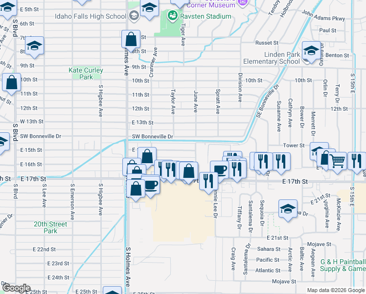 map of restaurants, bars, coffee shops, grocery stores, and more near 775 East 14th Street in Idaho Falls