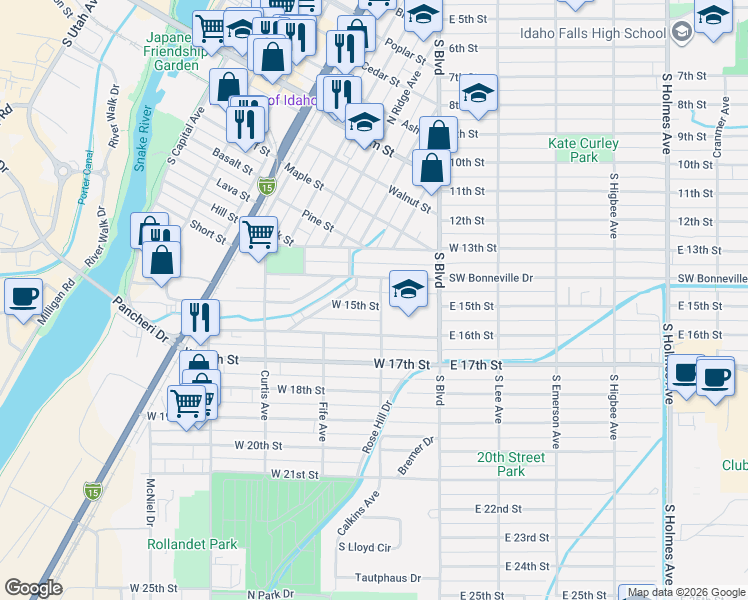 map of restaurants, bars, coffee shops, grocery stores, and more near 205 West 14th Street in Idaho Falls