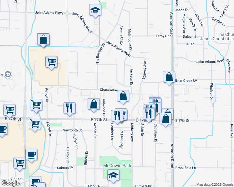 map of restaurants, bars, coffee shops, grocery stores, and more near 3119 Chasewood Drive in Ammon