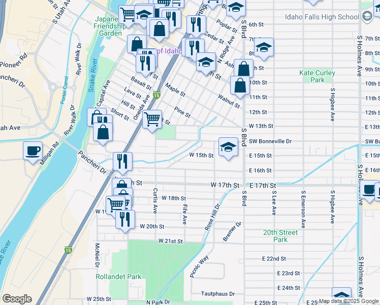 map of restaurants, bars, coffee shops, grocery stores, and more near 293 Cottage Place in Idaho Falls