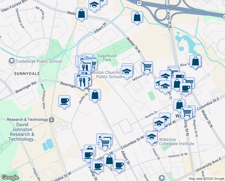 map of restaurants, bars, coffee shops, grocery stores, and more near in Waterloo