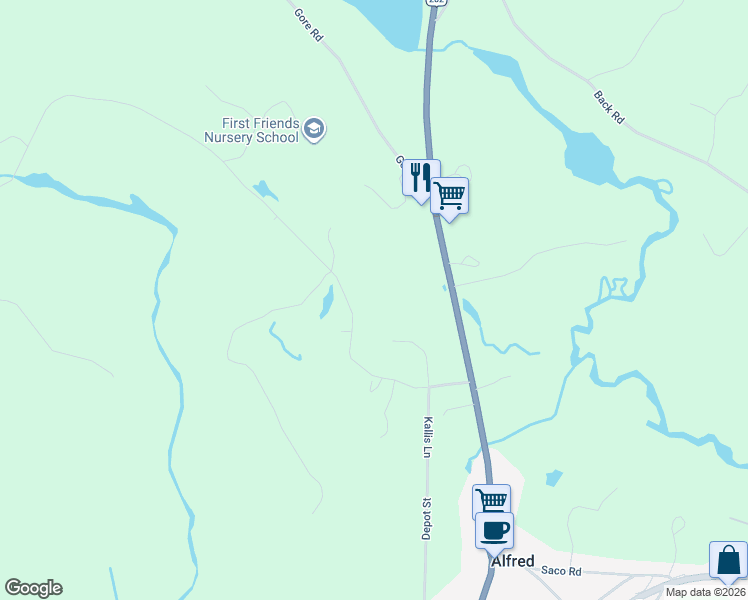 map of restaurants, bars, coffee shops, grocery stores, and more near 95 Brackett Hill Road in Alfred
