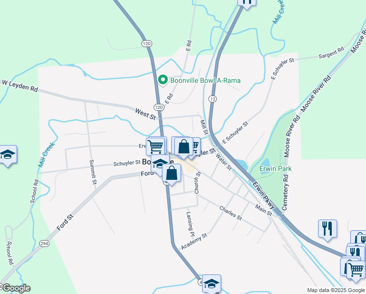 map of restaurants, bars, coffee shops, grocery stores, and more near 102 East Schuyler Street in Boonville