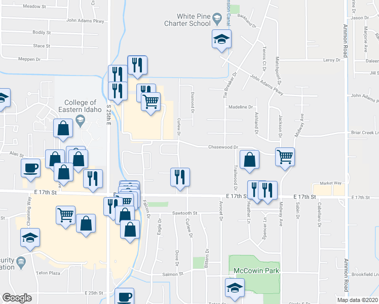 map of restaurants, bars, coffee shops, grocery stores, and more near 1405 Curlew Drive in Ammon