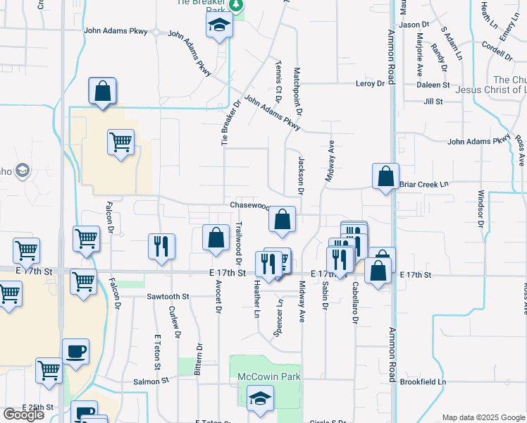 map of restaurants, bars, coffee shops, grocery stores, and more near 3119 Chasewood Drive in Ammon