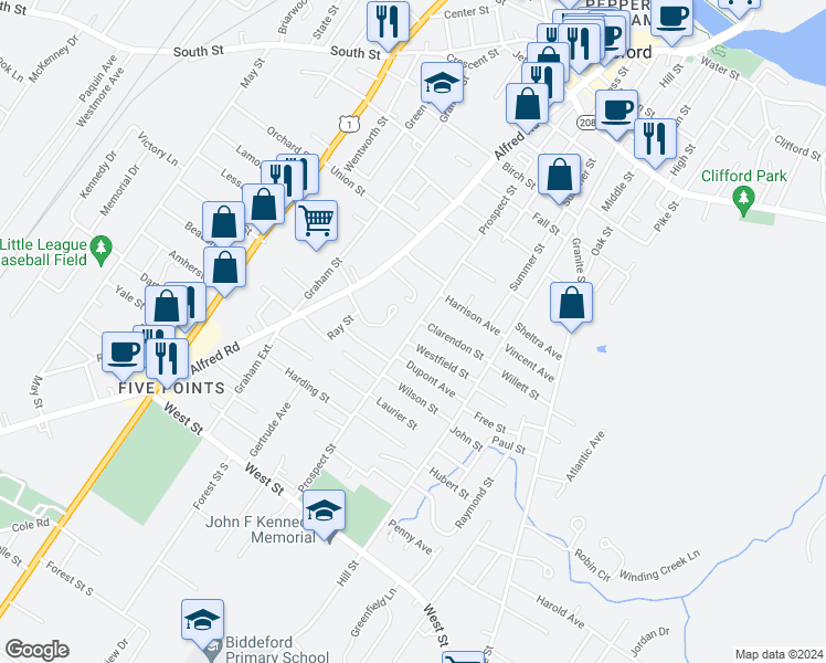 map of restaurants, bars, coffee shops, grocery stores, and more near 118 Prospect Street in Biddeford