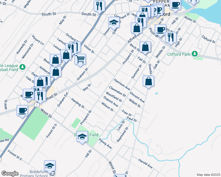 map of restaurants, bars, coffee shops, grocery stores, and more near 103 Prospect Street in Biddeford